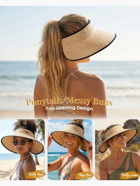 Wide Brim Straw Sun Hat with Ponytail Hole Packable UPF 80+ main image 5